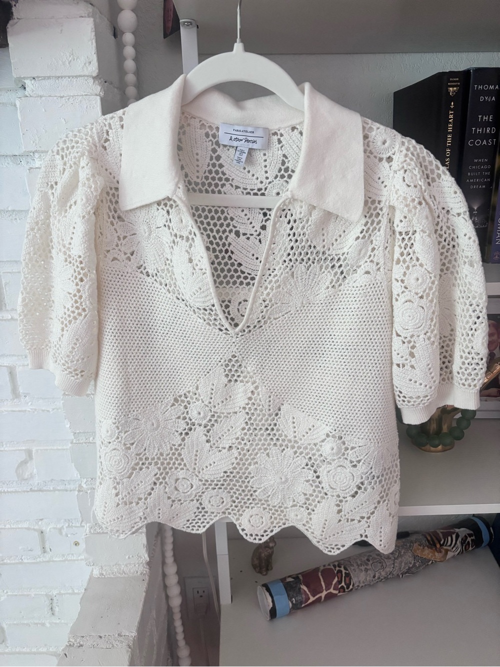 & Other Stories Cream Crochet Knit Polo Top